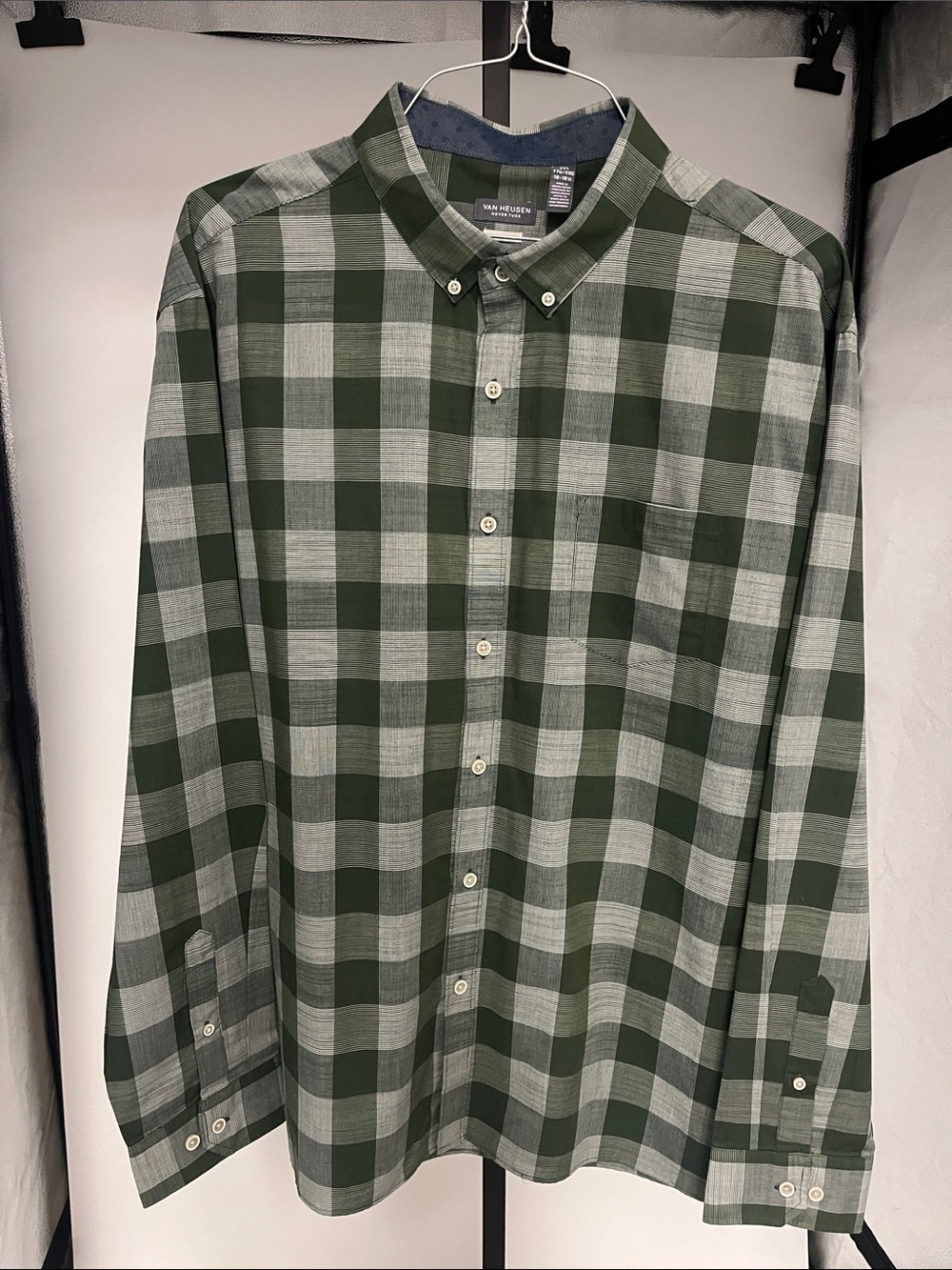 Van Heusen Green and Light Gray Plaid Button-Down Shirt